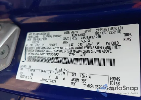 2014 Ford Escape Se из США, поврежденный, VIN 1FMCU9G90EUC56693